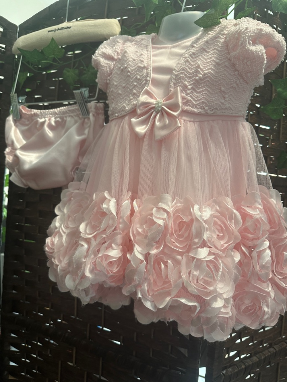 Wendy Bellissimo Light Pink Rosette Tulle Flower Girl Dress with Bloomers